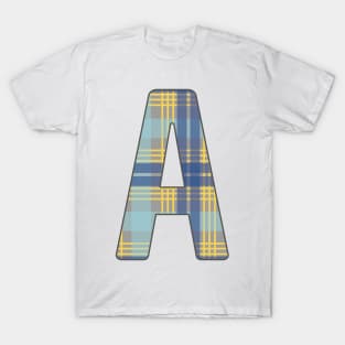 Monogram Letter A, Blue, Yellow and Grey Scottish Tartan Style Typography Design T-Shirt